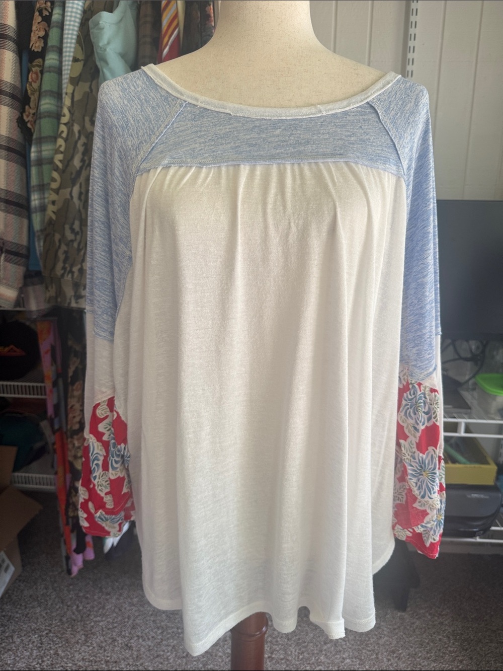 Kori WhiteTunic with Light Blue Yoke & Red Floral Sleeve Panels 4th of July